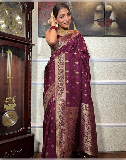 Wine Banarasi Soft Silk Saree With Zari Weaving Work