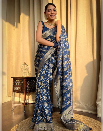 Blue Banarasi Soft Silk Saree With Zari Weaving Work