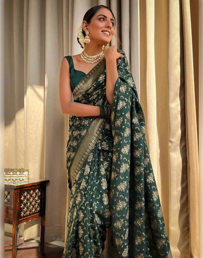 Green Banarasi Soft Silk Saree With Zari Weaving Work