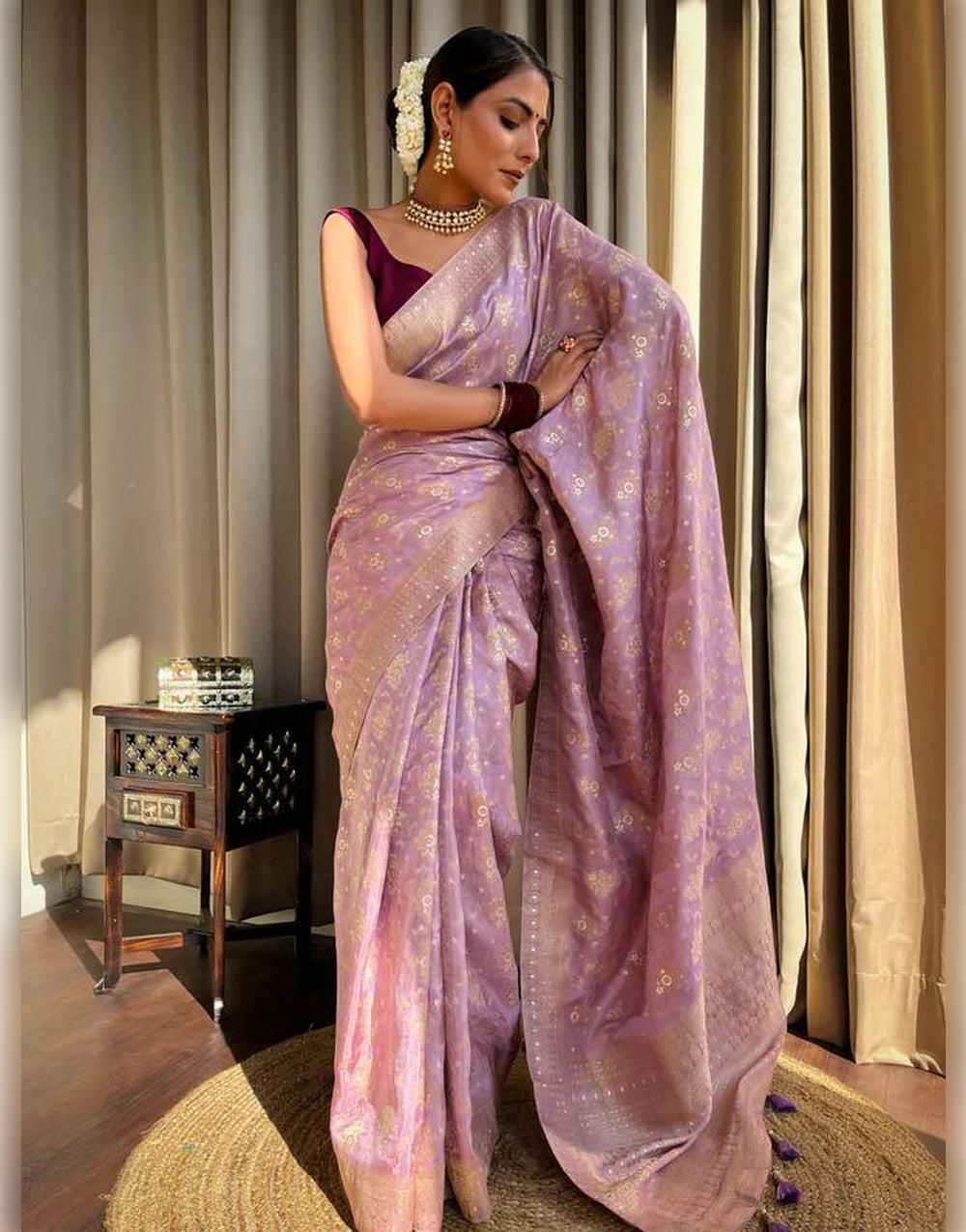 Lavender Banarasi Soft Silk Saree With Zari Weaving Work