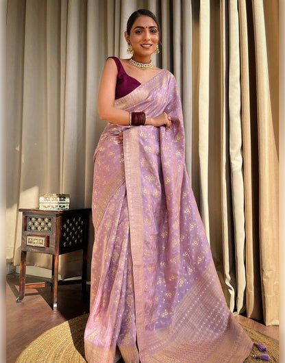 Lavender Banarasi Soft Silk Saree With Zari Weaving Work