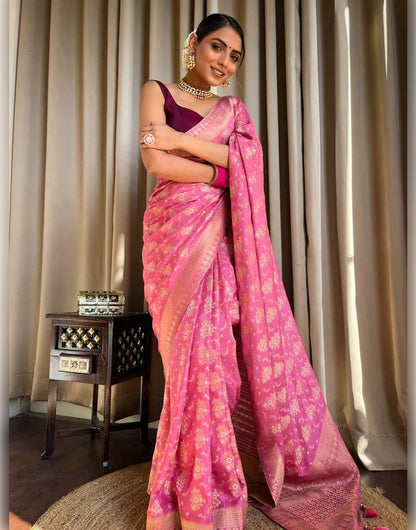 Pink Banarasi Soft Silk Saree With Zari Weaving Work