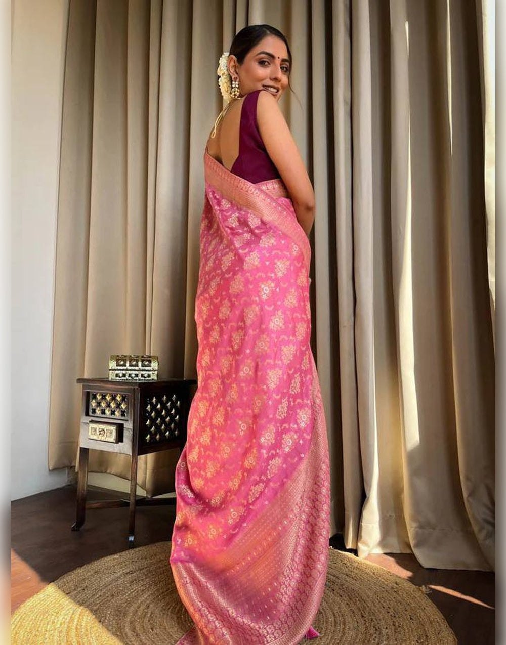 Pink Banarasi Soft Silk Saree With Zari Weaving Work