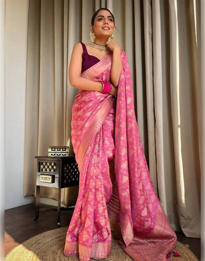 Pink Banarasi Soft Silk Saree With Zari Weaving Work