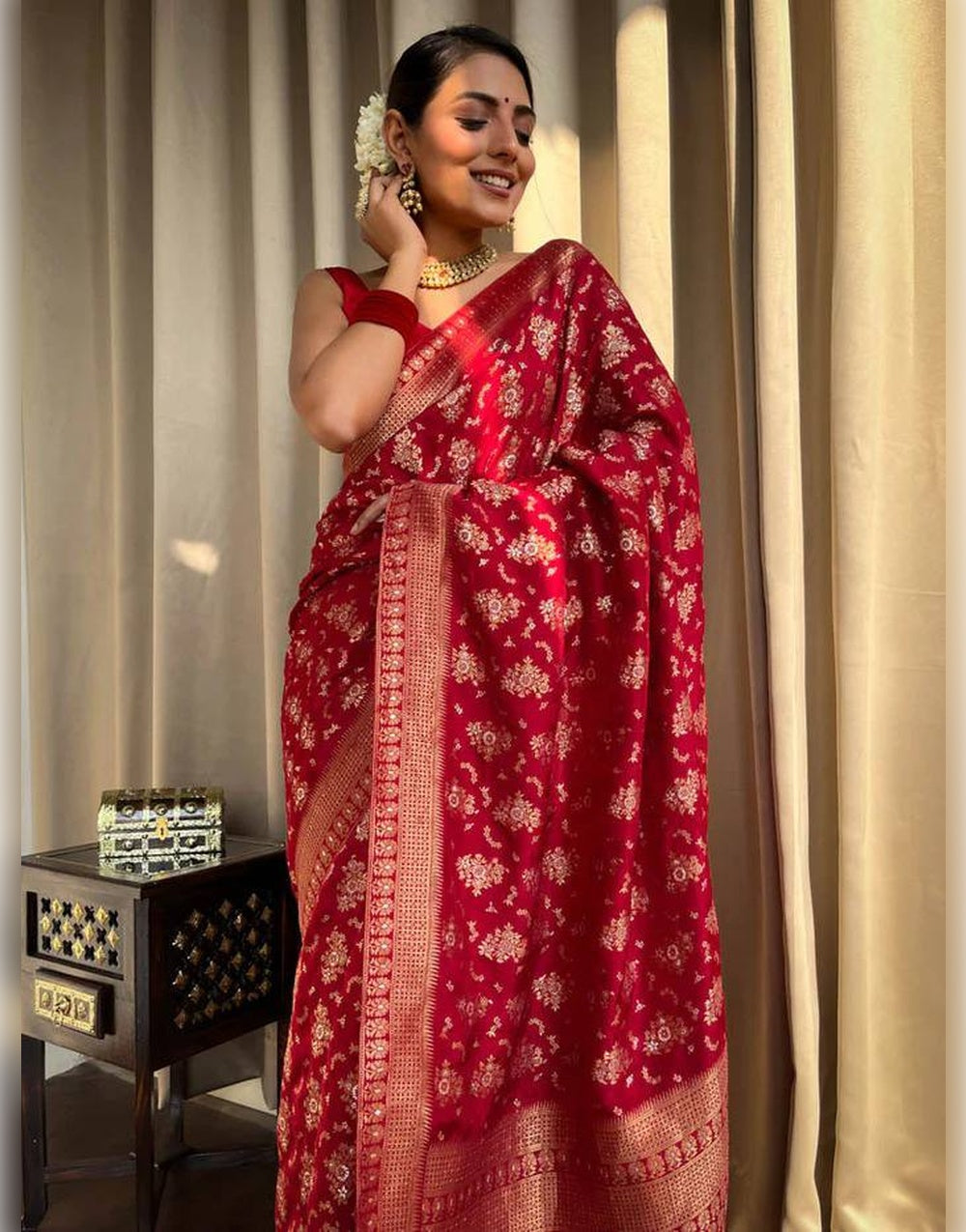 Red Banarasi Soft Silk Saree With Zari Weaving Work