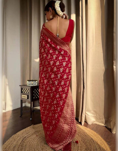 Red Banarasi Soft Silk Saree With Zari Weaving Work