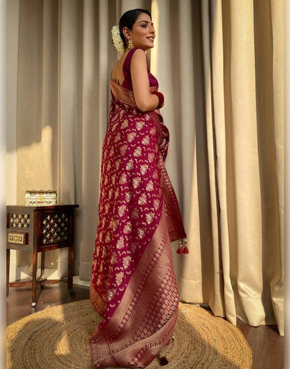 Red Banarasi Soft Silk Saree With Zari Weaving Work