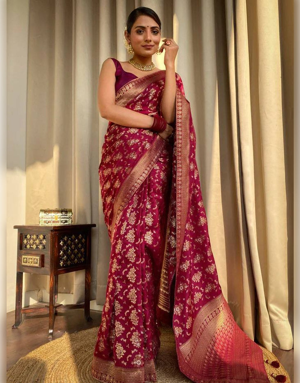 Red Banarasi Soft Silk Saree With Zari Weaving Work