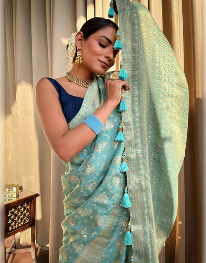 Sky Blue Banarasi Soft Silk Saree With Zari Weaving Work