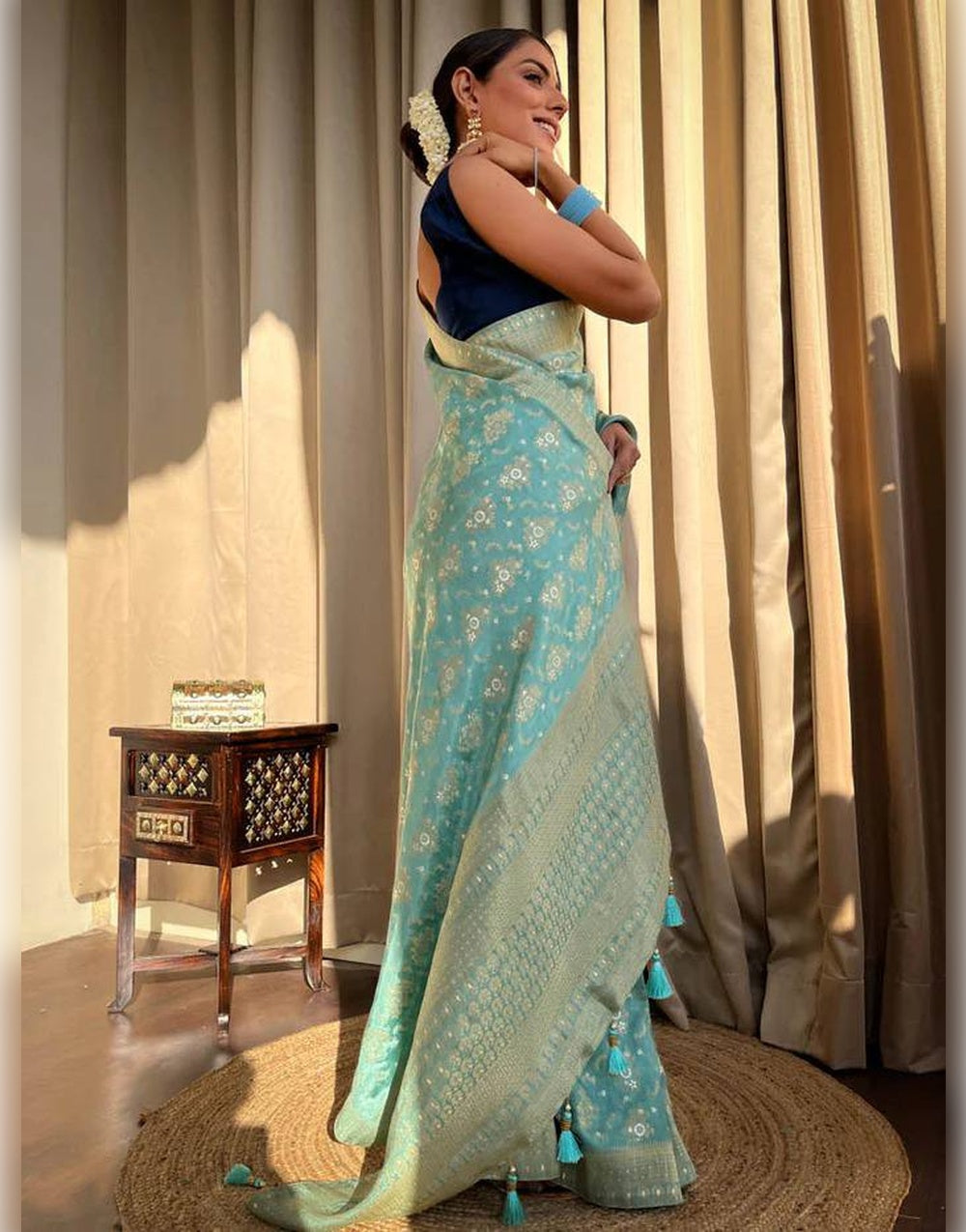 Sky Blue Banarasi Soft Silk Saree With Zari Weaving Work