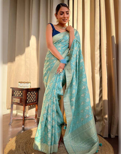 Sky Blue Banarasi Soft Silk Saree With Zari Weaving Work