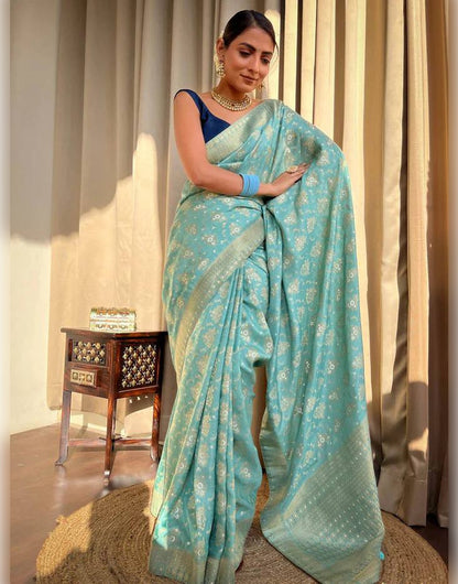 Sky Blue Banarasi Soft Silk Saree With Zari Weaving Work