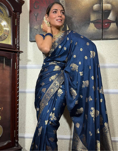 Nevy Blue Banarasi Soft Silk Saree With Zari Weaving Work