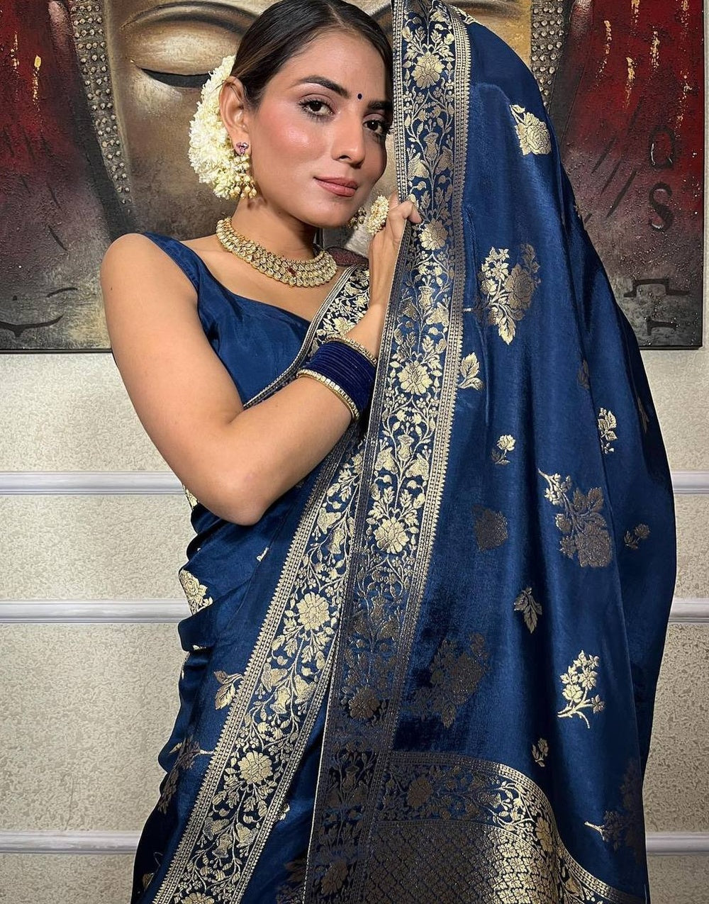 Nevy Blue Banarasi Soft Silk Saree With Zari Weaving Work