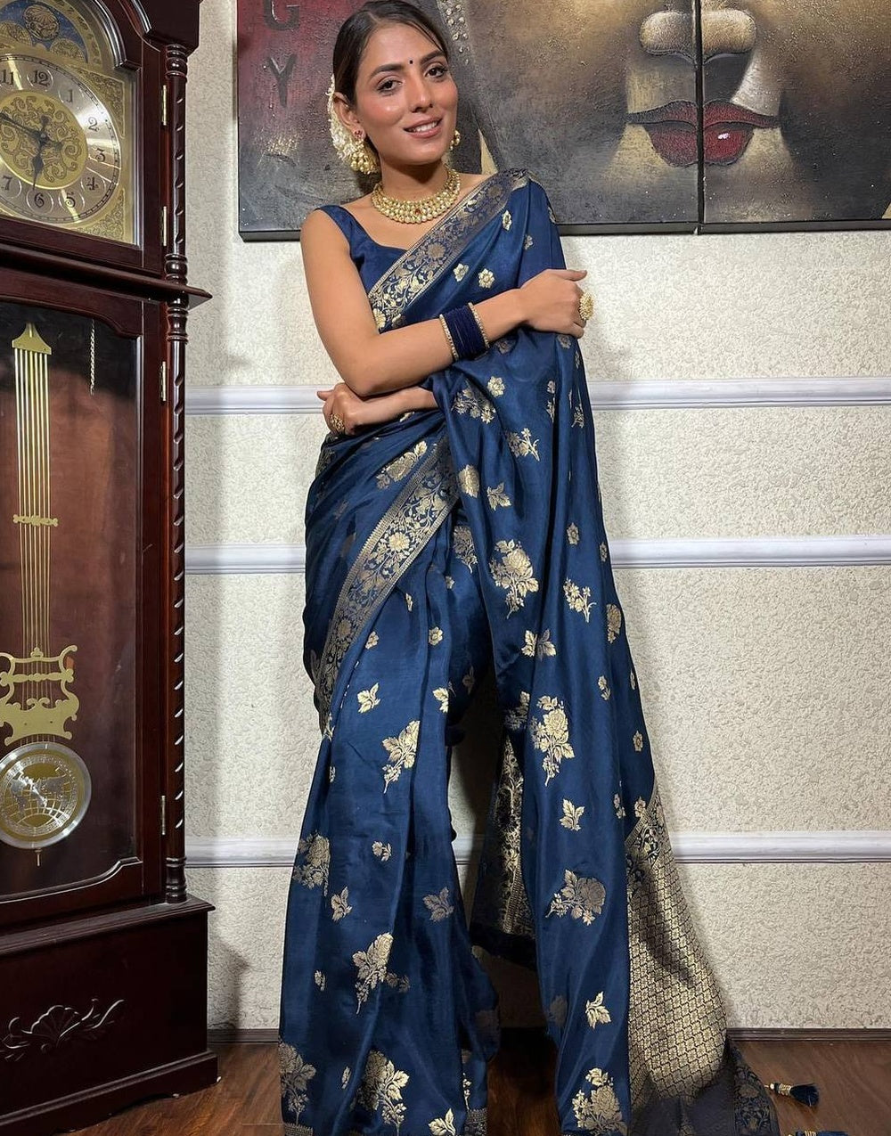 Nevy Blue Banarasi Soft Silk Saree With Zari Weaving Work