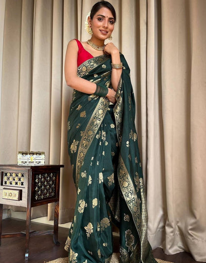 Dark Green Banarasi Soft Silk Saree With Zari Weaving Work