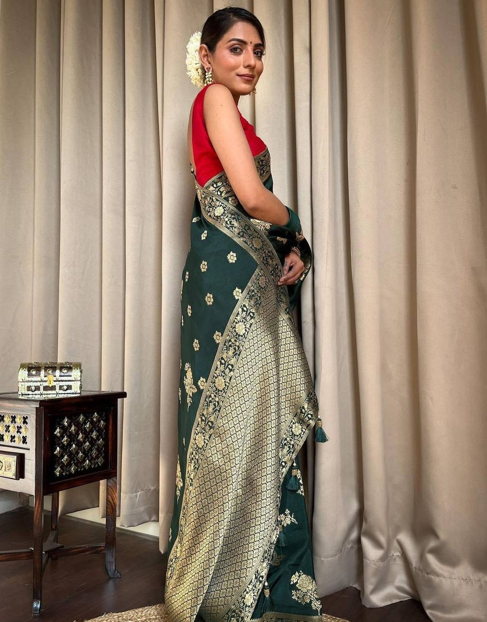 Dark Green Banarasi Soft Silk Saree With Zari Weaving Work