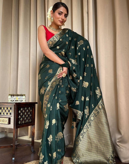 Dark Green Banarasi Soft Silk Saree With Zari Weaving Work