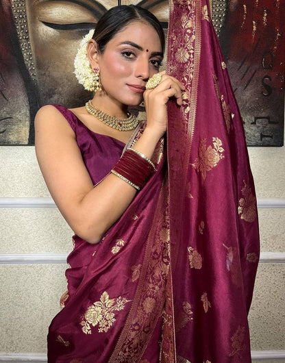 Wine Banarasi Soft Silk Saree With Zari Weaving Work