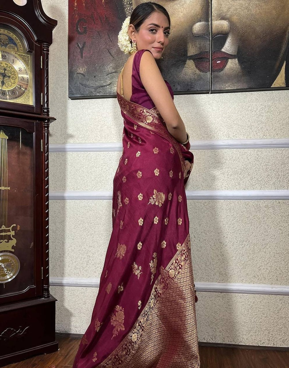 Wine Banarasi Soft Silk Saree With Zari Weaving Work