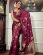 Wine Banarasi Soft Silk Saree With Zari Weaving Work