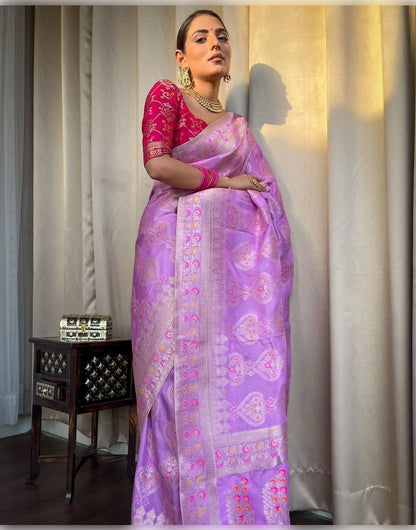 Lavender Banarasi Soft Silk Saree With Zari Weaving Work