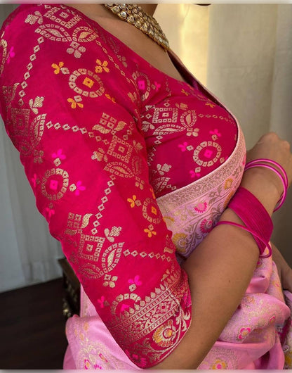 Baby Pink Banarasi Soft Silk Saree With Zari Weaving Work