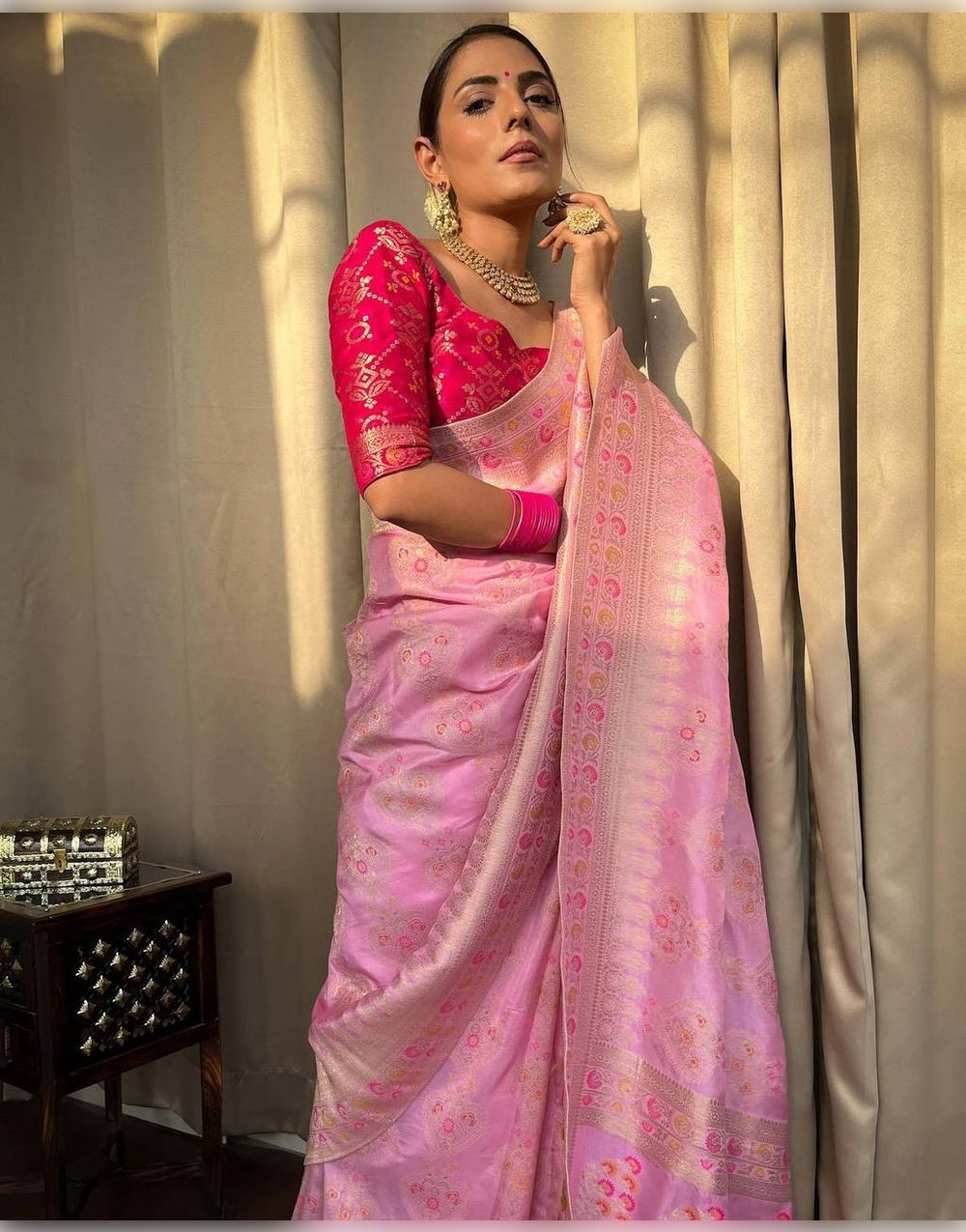 Baby Pink Banarasi Soft Silk Saree With Zari Weaving Work