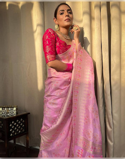 Baby Pink Banarasi Soft Silk Saree With Zari Weaving Work