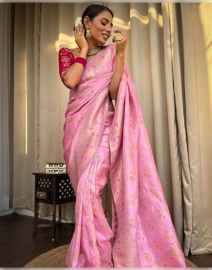 Baby Pink Banarasi Soft Silk Saree With Zari Weaving Work