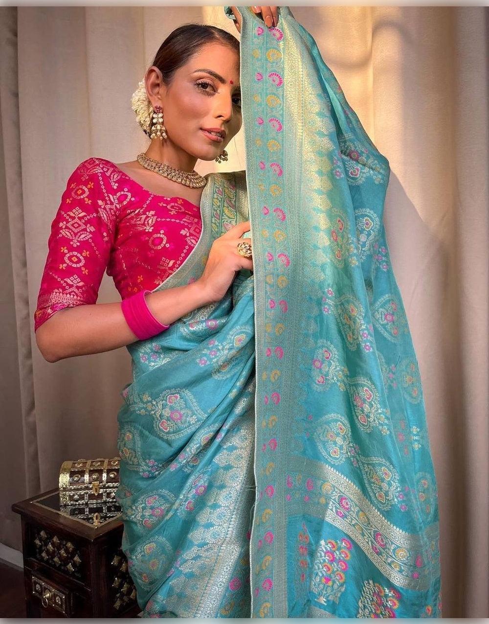 Sky Blue Banarasi Soft Silk Saree With Zari Weaving Work