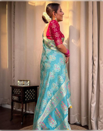 Sky Blue Banarasi Soft Silk Saree With Zari Weaving Work