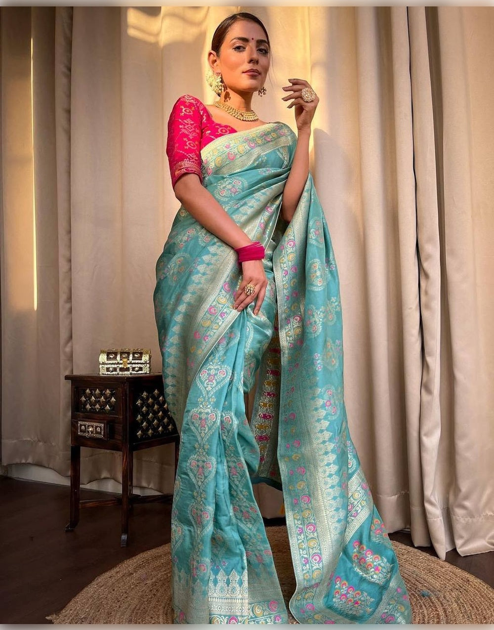 Sky Blue Banarasi Soft Silk Saree With Zari Weaving Work