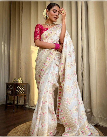 White Banarasi Soft Silk Saree With Zari Weaving Work