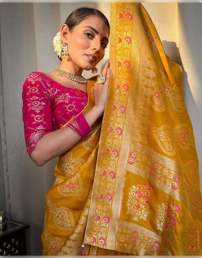 Yellow Banarasi Soft Silk Saree With Zari Weaving Work