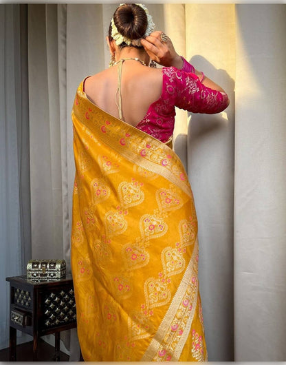 Yellow Banarasi Soft Silk Saree With Zari Weaving Work