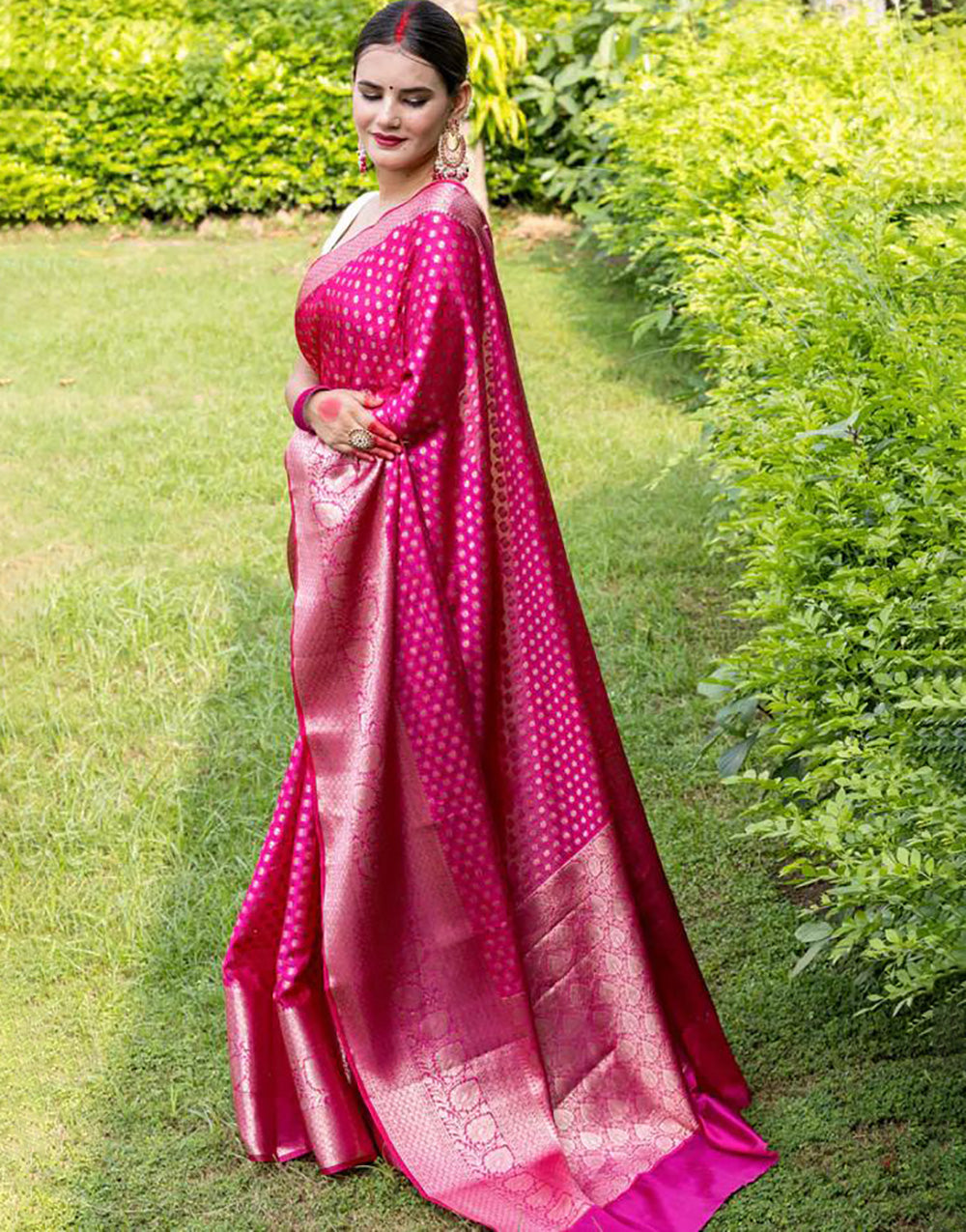 Rani Pink Banarasi Soft Silk Saree With Zari Weaving Work