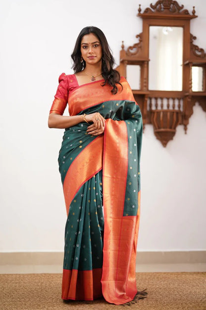 Green & Dark Red Banarasi Soft Silk Saree With Weaving Work