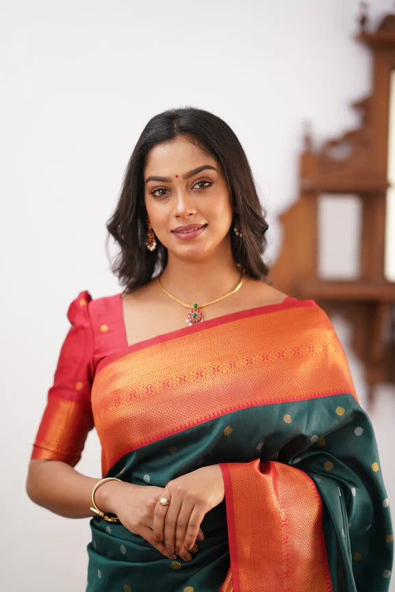 Green & Orange Banarasi Soft Silk Saree With Weaving Work