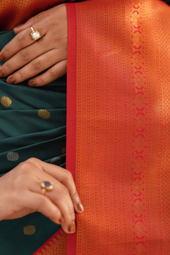 Green & Dark Red Banarasi Soft Silk Saree With Weaving Work