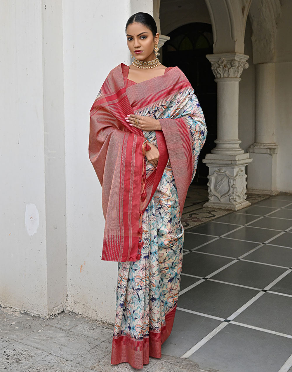 Red & Blue Tussar Silk Saree With Weaving & Printed Work