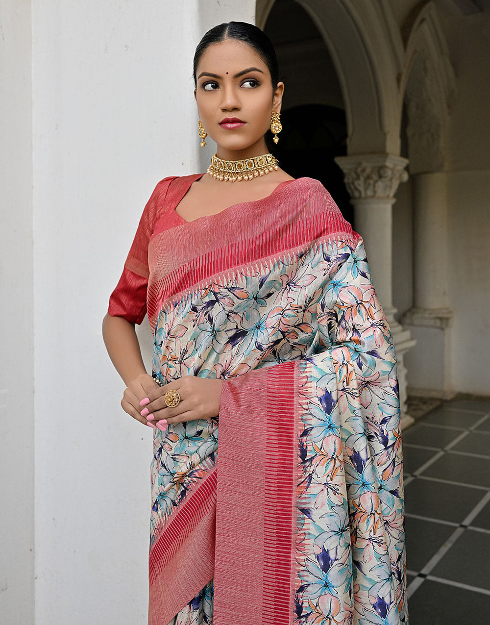 Red & Blue Tussar Silk Saree With Weaving & Printed Work