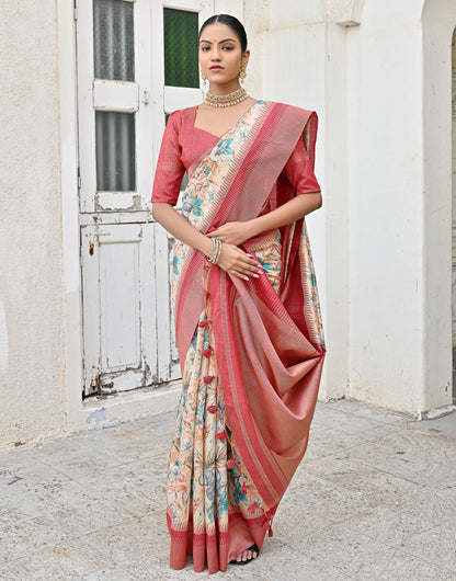 Red & Firozi Tussar Silk Saree With Weaving & Printed Work