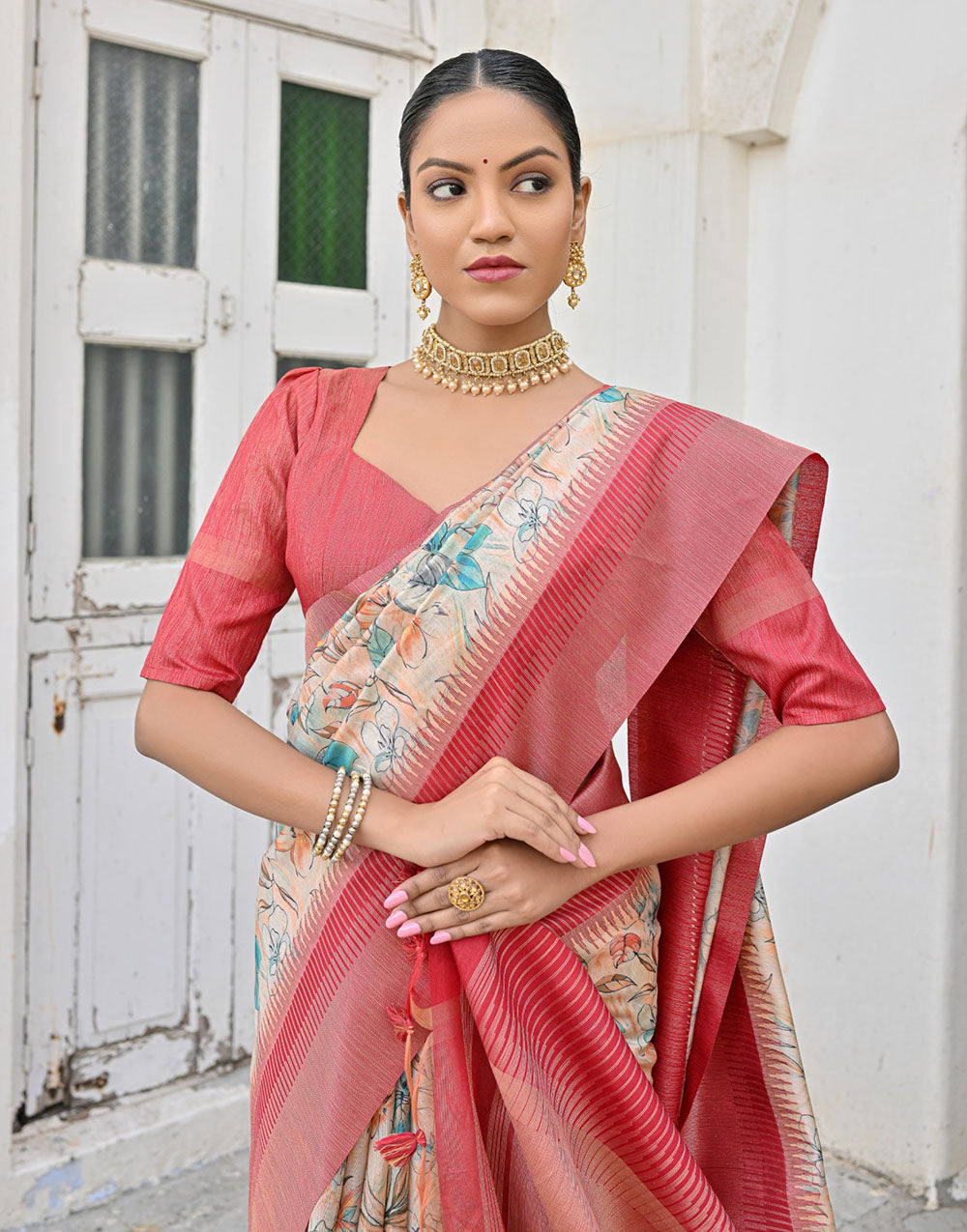 Red & Firozi Tussar Silk Saree With Weaving & Printed Work