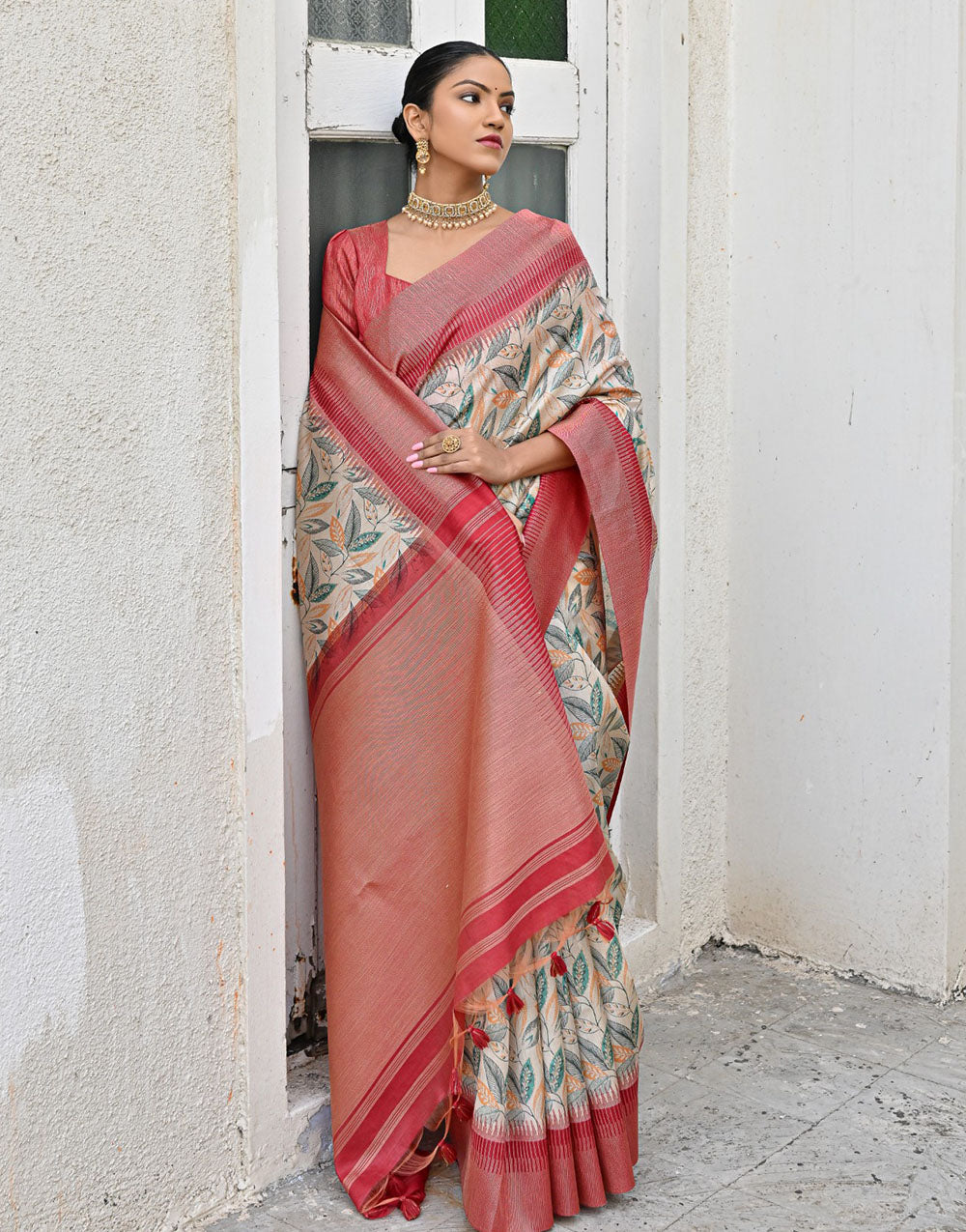 Red & Rama Blue Tussar Silk Saree With Weaving & Printed Work