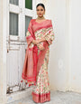 Red & Yellow Tussar Silk Saree With Weaving & Printed Work