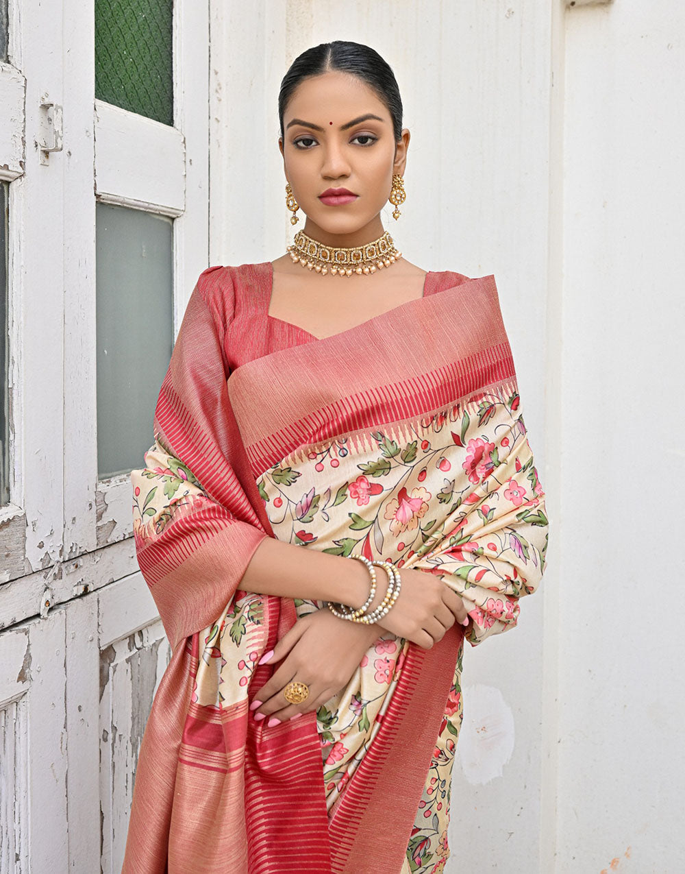 Red & Yellow Tussar Silk Saree With Weaving & Printed Work