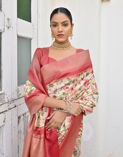 Red & Yellow Tussar Silk Saree With Weaving & Printed Work