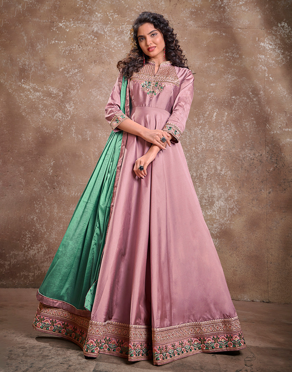 Puce Pink Triva Silk Heavy Embroidery Gown