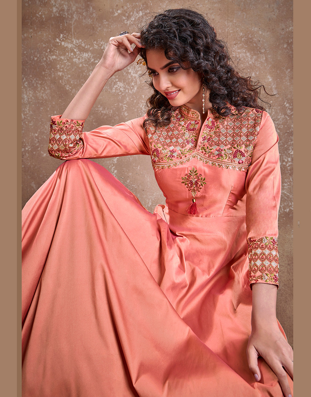 Peach Triva Silk Heavy Embroidery Gown